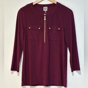 Anne Klein Burgundy Zip Front Blouse Size Small Gold Hardware